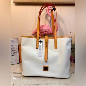 Dooney & Bourke White Leather Tote with Tan Trim